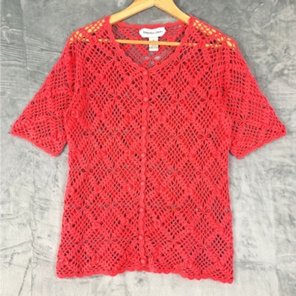 Vtg Womens Cardigan Medium Boho‎ Crochet Open Knit Sheer Granny Cottage Coastal